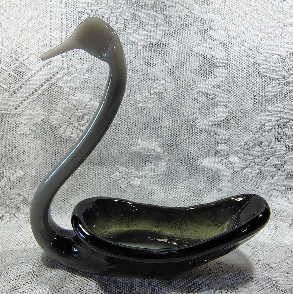 Vintage Art Glass Swan Smoky Gray Black Dish Bowl Hand Blown - 10" Tall
